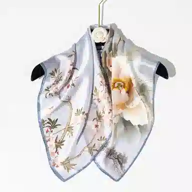 一米画纱 丝绸质感花卉图案国风印花真丝方巾踏青郊游装饰领巾拍照搭配 桑蚕丝 丝巾 女款