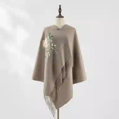 一米画纱 新中式传统盘扣精致古风花卉刺绣两用外搭加厚保暖旗袍晚礼服披风多功能优雅 绵羊毛 披肩 女款