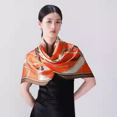 一米画纱 青春洋气丝滑优雅链条抽象图案长款披肩素绉缎出游装饰百搭长巾 桑蚕丝 丝巾 女款