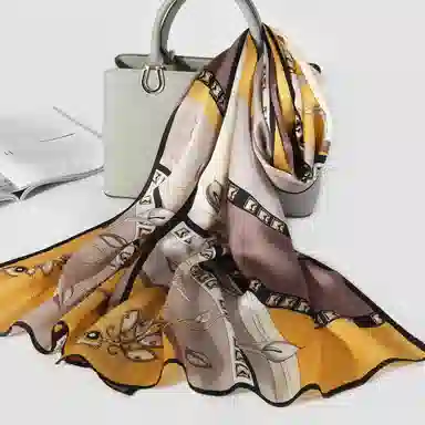 一米画纱 青春洋气丝滑优雅链条抽象图案长款披肩素绉缎出游装饰百搭长巾 桑蚕丝 丝巾 女款