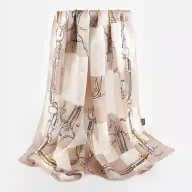 一米画纱 青春洋气丝滑优雅链条抽象图案长款披肩素绉缎出游装饰百搭长巾 桑蚕丝 丝巾 女款