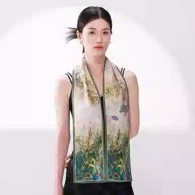 一米画纱 时尚百搭真丝双层喷绘飘带优雅气质长条领巾轻盈装饰 桑蚕丝 丝巾 女款