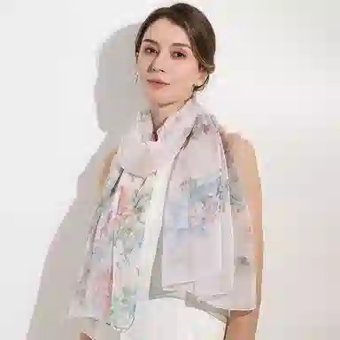 一米画纱 清新飘逸国风真丝雪纺喷绘沙巾气质仙仙花卉印花旅游拍照 桑蚕丝 丝巾 女款