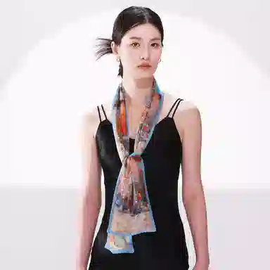 一米画纱 时尚百搭真丝双层喷绘飘带优雅气质长条领巾轻盈装饰 桑蚕丝 丝巾 女款