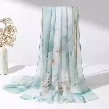 一米画纱 国风花卉轻盈透气旅游拍照外搭真丝雪纺喷绘长巾出行遮阳纱巾 丝巾 桑蚕丝 女款