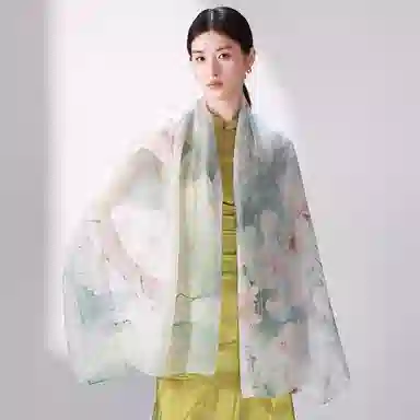 一米画纱 国风花卉轻盈透气旅游拍照外搭真丝雪纺喷绘长巾出行遮阳纱巾 丝巾 桑蚕丝 女款