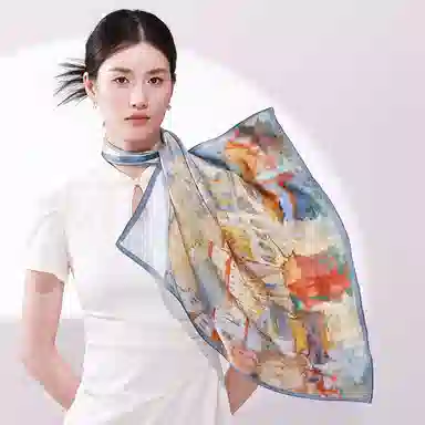 一米画纱 丝绸质感花卉图案国风印花真丝方巾踏青郊游装饰领巾拍照搭配 桑蚕丝 丝巾 女款