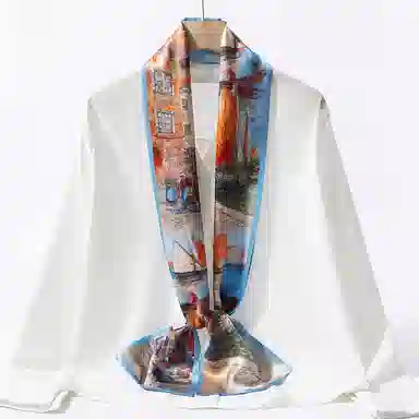 一米画纱 时尚百搭真丝双层喷绘飘带优雅气质长条领巾轻盈装饰 桑蚕丝 丝巾 女款