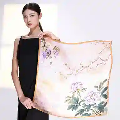 一米画纱 丝绸质感花卉图案国风印花真丝方巾踏青郊游装饰领巾拍照搭配 桑蚕丝 丝巾 女款