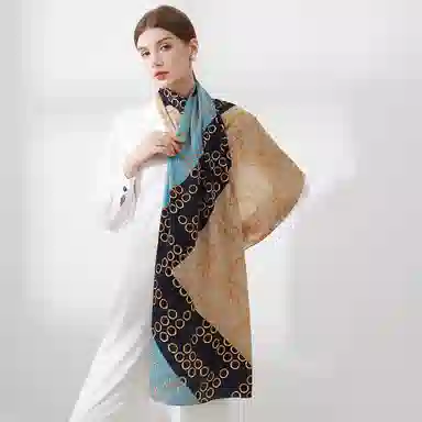 一米画纱 青春洋气丝滑优雅链条抽象图案长款披肩素绉缎出游装饰百搭长巾 桑蚕丝 丝巾 女款