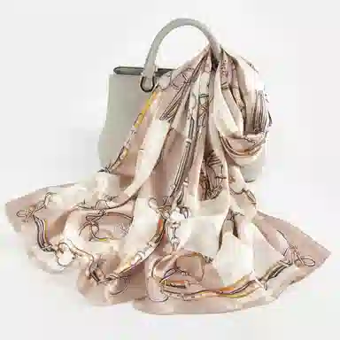 一米画纱 青春洋气丝滑优雅链条抽象图案长款披肩素绉缎出游装饰百搭长巾 桑蚕丝 丝巾 女款