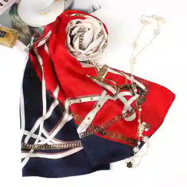 一米画纱 青春洋气丝滑优雅链条抽象图案长款披肩素绉缎出游装饰百搭长巾 桑蚕丝 丝巾 女款