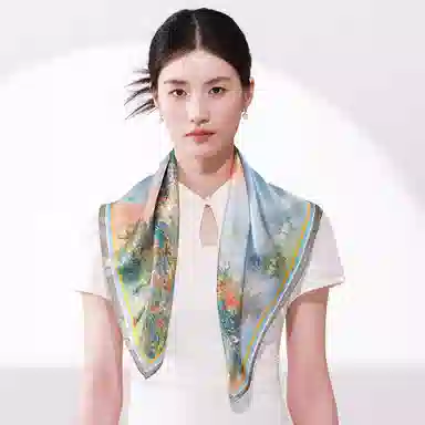 一米画纱 丝绸质感花卉图案国风印花真丝方巾踏青郊游装饰领巾拍照搭配 桑蚕丝 丝巾 女款