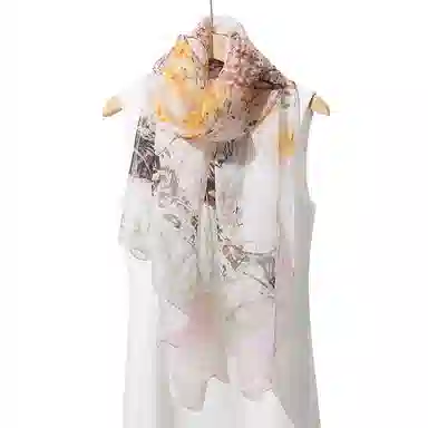 一米画纱 清新飘逸国风真丝雪纺喷绘沙巾气质仙仙花卉印花旅游拍照 桑蚕丝 丝巾 女款