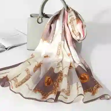 一米画纱 青春洋气丝滑优雅链条抽象图案长款披肩素绉缎出游装饰百搭长巾 桑蚕丝 丝巾 女款