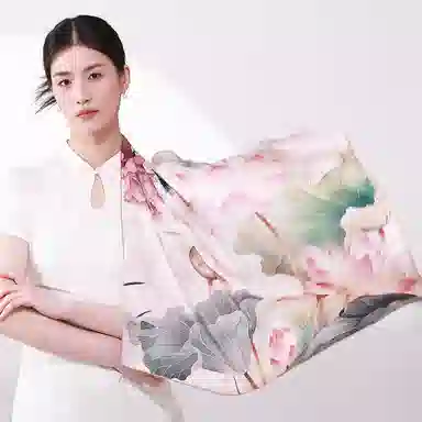 一米画纱 古典花卉雅韵国风真丝方巾旅游装饰素绸缎领巾搭配西装时尚出游 桑蚕丝 丝巾 女款