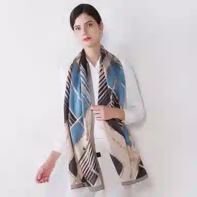 一米画纱 青春洋气丝滑优雅链条抽象图案长款披肩素绉缎出游装饰百搭长巾 桑蚕丝 丝巾 女款