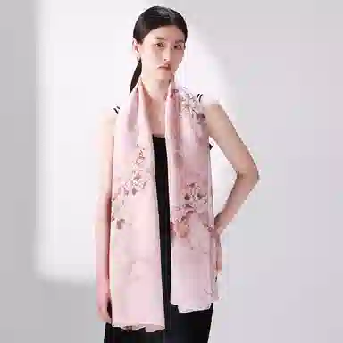 一米画纱 国风花卉轻盈透气旅游拍照外搭真丝雪纺喷绘长巾出行遮阳纱巾 丝巾 桑蚕丝 女款