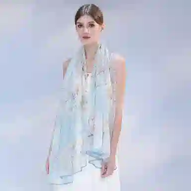 一米画纱 国风花卉轻盈透气旅游拍照外搭真丝雪纺喷绘长巾出行遮阳纱巾 丝巾 桑蚕丝 女款