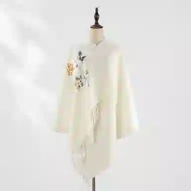 一米画纱 新中式传统盘扣精致古风花卉刺绣两用外搭加厚保暖旗袍晚礼服披风多功能优雅 绵羊毛 披肩 女款