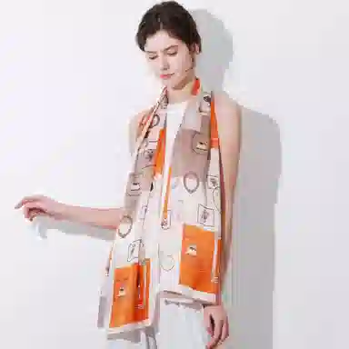 一米画纱 青春洋气丝滑优雅链条抽象图案长款披肩素绉缎出游装饰百搭长巾 桑蚕丝 丝巾 女款