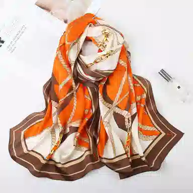 一米画纱 青春洋气丝滑优雅链条抽象图案长款披肩素绉缎出游装饰百搭长巾 桑蚕丝 丝巾 女款