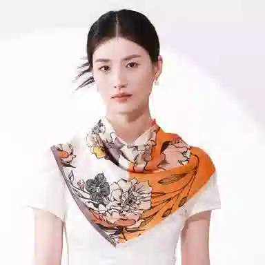 一米画纱 丝绸质感花卉图案国风印花真丝方巾踏青郊游装饰领巾拍照搭配 桑蚕丝 丝巾 女款