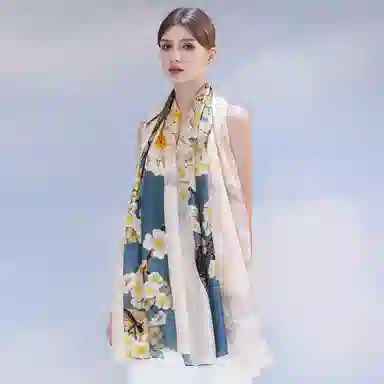 一米画纱 国风古典花卉真丝高级感提花浪漫色彩长巾外出轻盈飘逸披肩 桑蚕丝 丝巾 女款