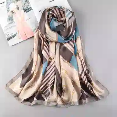 一米画纱 青春洋气丝滑优雅链条抽象图案长款披肩素绉缎出游装饰百搭长巾 桑蚕丝 丝巾 女款