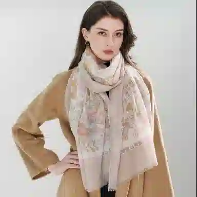 一米画纱 轻盈柔美细腻亲肤保暖空调披肩高档斜纹喷绘印花自然时尚旅游拍照 山羊绒 绒线围巾 女款