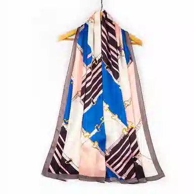 一米画纱 青春洋气丝滑优雅链条抽象图案长款披肩素绉缎出游装饰百搭长巾 桑蚕丝 丝巾 女款