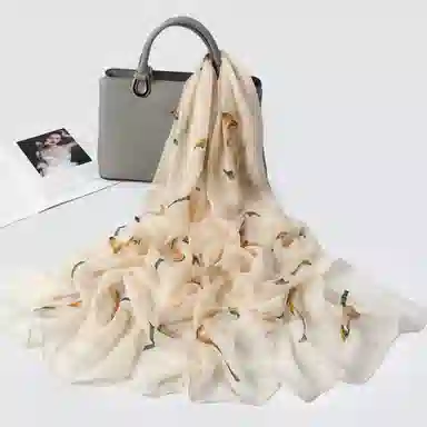 一米画纱 清新飘逸国风真丝雪纺喷绘沙巾气质仙仙花卉印花旅游拍照 桑蚕丝 丝巾 女款