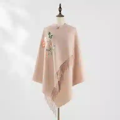 一米画纱 新中式传统盘扣精致古风花卉刺绣两用外搭加厚保暖旗袍晚礼服披风多功能优雅 绵羊毛 披肩 女款