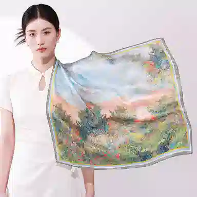 一米画纱 丝绸质感花卉图案国风印花真丝方巾踏青郊游装饰领巾拍照搭配 桑蚕丝 丝巾 女款