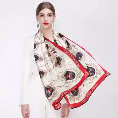 一米画纱 青春洋气丝滑优雅链条抽象图案长款披肩素绉缎出游装饰百搭长巾 桑蚕丝 丝巾 女款