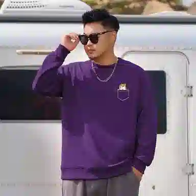 乔拉格 大码男装 卡通趣味口袋狗印花 圆领套头卫衣 男女同款