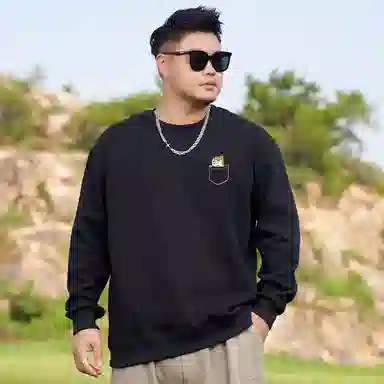 乔拉格 大码男装 卡通趣味口袋狗印花 圆领套头卫衣 男女同款