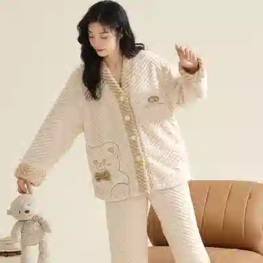 莫代尔 秋冬季珊瑚绒加绒加厚法兰绒秋冬款女士纹理感家居服冬天舒适睡衣套装 女款