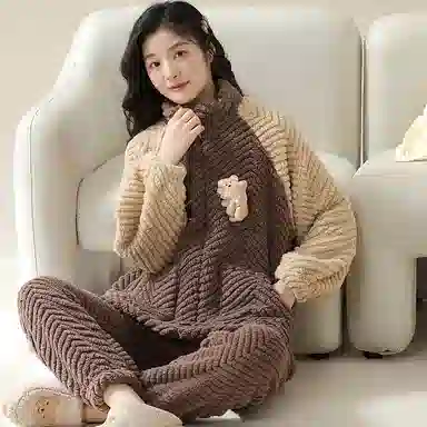 莫代尔 珊瑚绒冬季加绒加厚两件套秋冬拉链法兰绒家居服女士保暖睡衣套装 女款