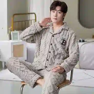 莫代尔 男士冬季珊瑚绒加厚加绒大码男生秋冬天保暖法兰绒家居服睡衣套装 男款