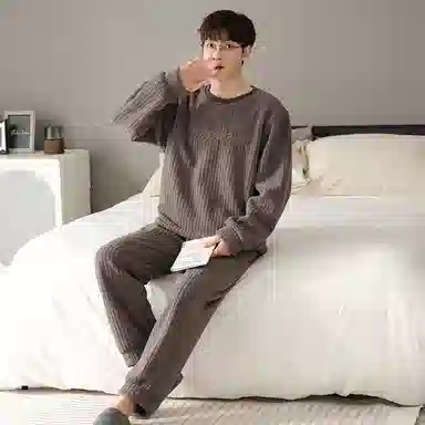 莫代尔 男士秋冬季加厚加绒套头长袖保暖珊瑚绒海岛绒家居服睡衣套装 男款