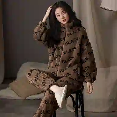 莫代尔 秋冬季珊瑚绒加绒加厚法兰绒冬款女士软乎家居服冬天保暖睡衣套装 女款