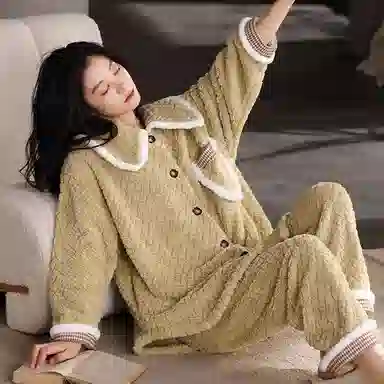 莫代尔 秋冬款冬季珊瑚绒家居服法兰绒加厚冬天加绒保暖可外穿女士睡衣套装 女款