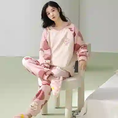 莫代尔 冬季加绒加厚珊瑚绒春秋法兰绒保暖可爱家居服女士柔软睡衣套装 女款