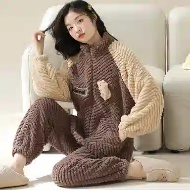 莫代尔 珊瑚绒冬季加绒加厚两件套秋冬拉链法兰绒家居服女士保暖睡衣套装 女款