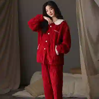 莫代尔 珊瑚绒女士秋冬季加绒厚保暖大红喜庆结婚家居服舒适睡衣套装 女款