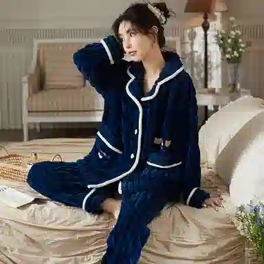 莫代尔 珊瑚绒加绒加厚秋冬季法兰绒家居服可外穿大码女士保暖睡衣套装 女款