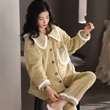 莫代尔 秋冬款冬季珊瑚绒家居服法兰绒加厚冬天加绒保暖可外穿女士睡衣套装 女款