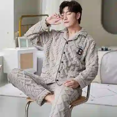 莫代尔 男士冬季珊瑚绒加厚加绒大码男生秋冬天保暖法兰绒家居服睡衣套装 男款