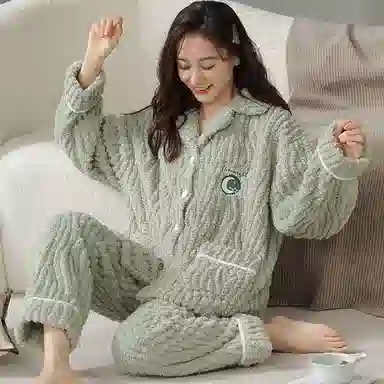 莫代尔 条纹秋冬季天大码半边绒家居服珊瑚绒加绒加厚女士舒适睡衣套装 女款